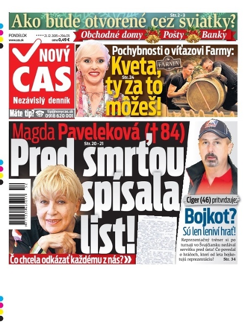 Titulka Nový Čas - 21.12.2015