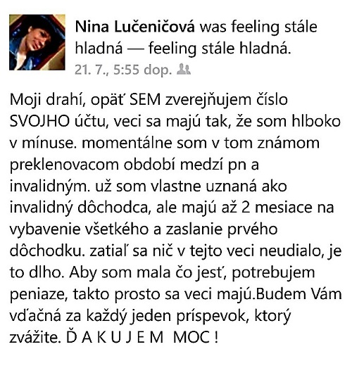 Nina sa so svojimi problémami zdôverovala na sociálnej sieti.