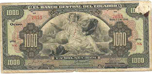 Ekvádorská bankovka v hodnote tisíc sucreov z roku 1944.