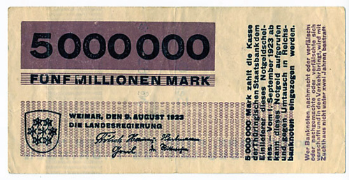 Nemecká inflačná bankovka v hodnote päť miliónov mariek z roku 1923.