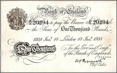Anglická bankovka v hodnote päť libier z roku 1887.