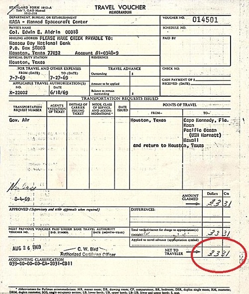 Aldrin dal NASA preplatiť 33.33 dolárový (30 €) účet za požicanie auta.