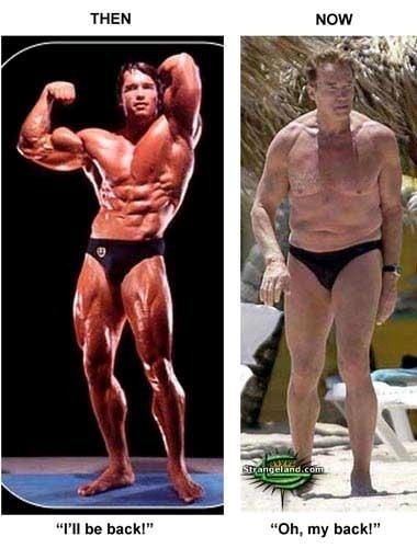 Vtipná koláž pre porovnanie: Arnold kedysi a dnes...