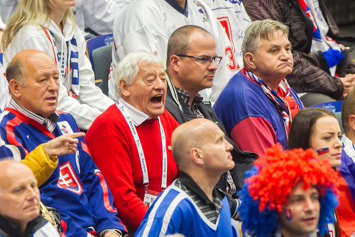 Hokejová legenda Jozef Golonka (v strede) počas zápasu s Fínskom na tribúne ČEZ areny.