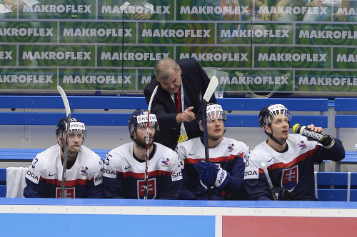 Na snímke tréner slovenskej hokejovej reprezentácie Vladimír Vůjtek dáva pokyny svojim zverencom.