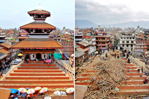 Pred a po: 500 až 1000 rokov staré stavby zdobili ústredné námestie v Káthmandu. Mnohé z nich sú dnes v ruinách.