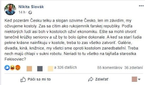 Režisér v statuse kritizuje uvoľňovanie opatrení na Slovensku.