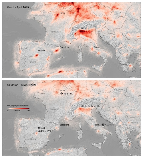 Koncentráca oxidov dusíka nad územím Európy v období marec až apríl 2019 (hore) a od 13. marca do 13. apríla 2020 počas obmedzenia pohybu.