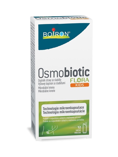 OsmobioticFlora Kids – prášok na rozpustenie v ústach s malinovou príchuťou.