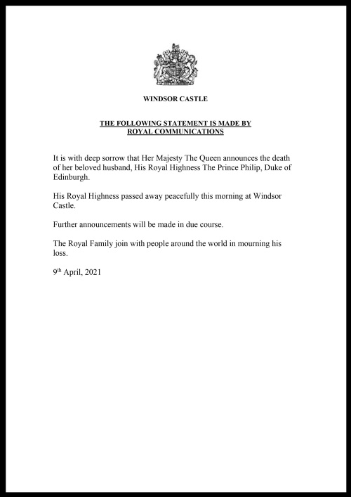 Oficiálne oznámenie Buckinghamského paláca o úmrtí princa Philipa († 99)