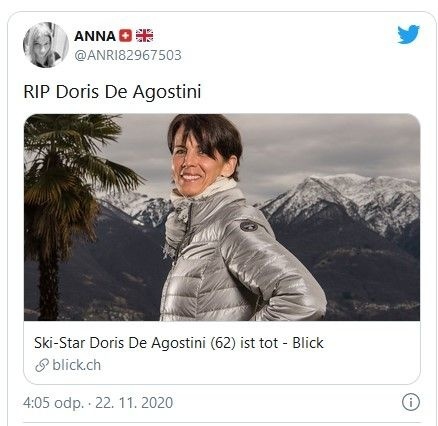 Vo veku 62 rokov zomrela bývalá švajčiarska lyžiarka Doris De Agostiniová.