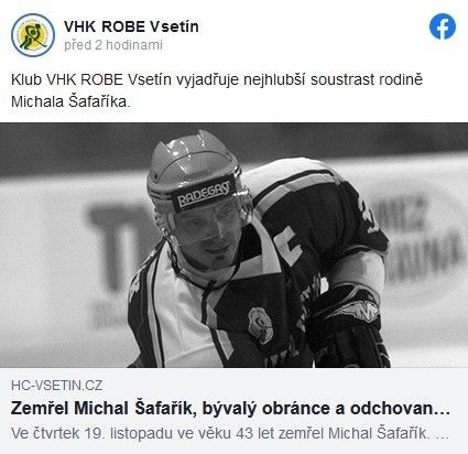 O smrti informoval hokejový klub zo Vsetína.