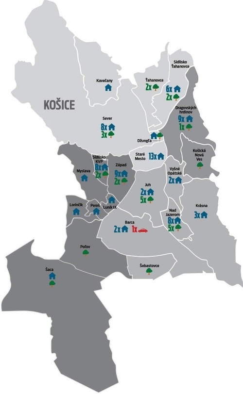 Mapa odberných miest v Košiciach.