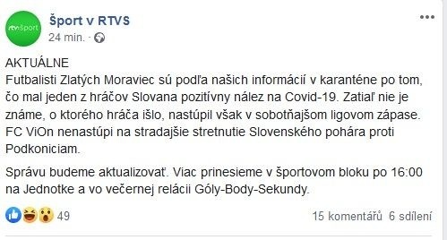 Informáciu priniesol Šport v RTVS.