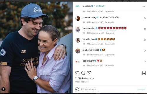Svetová tenisová jednotka Ashleigh Bartyová z Austrálie sa zasnúbila. Halepová jej poslala 10 srdiečok.