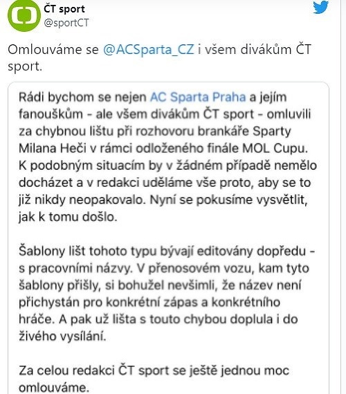 Česká televízia sa Sparte i brankárovi Hečovi ospravedlnila.