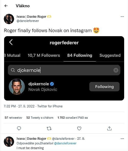 Federer až do Laver Cupu nesledoval Djokoviča na Instagrame, ale teraz je tomu inak.