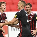 Na snímke hráči FC Spartak Trnava zľava strelec gólu Sebastián Kóša, Lukáš Štetina a Milan Ristovski sa tešia po góle