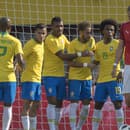Na snímke gólová radosť Brazílčanov zľava Fernandinho, Philippe Coutinho, Paulinho, strelec gólu Neymar Jr a Willian.