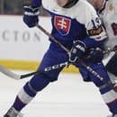 Slovenský hokejista Samuel Honzek (vľavo) a hráč USA Tyler Boucher bojujú o puk v zápase základnej B-skupiny Slovensko - USA.