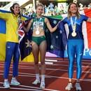 CELÉ TRIO: V Banskej Bystrici budú všetky medailistky z MS 2022 v Eugene - zľava strieborná Ukrajinka Mahučihová, zlatá Austrálčanka Pattersonová a bronzová Talianka Vallortigaro.