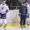 Na snímke zľava Martin Gernát, Michal Ivan, tréner   Craig Ramsay a Michal Beňo počas tréningu slovenskej hokejovej reprezentácie v Bratislave.