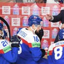 Slovenská striedačka zľava Alex Tamáši, Róbert Lantoši, Pavol Regenda, kapitán Marek Hrivík a uprostred v pozadí tréner slovenskej hokejovej reprezentácie Craig Ramsay.