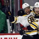 Hokejista David Pastrňák (88) z Bostonu Bruins sa teší z gólu so spoluhráčom Tylerom Bertuzzim počas zápasu.