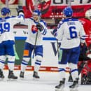 Na snímke slovenskí hokejisti sa tešia z gólu v zápase Rakúsko - Slovensko na hokejovom turnaji o Nemecký pohár.