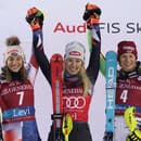 Americká lyžiarka Mikaela Shiffrinová oslavuje víťazstvo v druhom slalome žien Svetového pohára v alpskom lyžovaní vo fínskom Levi. Vľavo druhá Chorvátka Leona Popovičová, vpravo tretia Nemka Lena Dürrová.