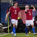Český hráč David Doudera (vpravo) oslavuje gól 