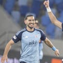 Na snímke sprava Marko Tolič (Slovan) sa teší po strelení svojho druhého gólu, vľavo beží jeho spoluhráč Kyriakos Savvidis.