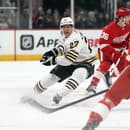 Obranca Hampus Lindholm (27) sleduje puk počas zápasu zámorskej NHL Detroit Red Wings - Boston Bruins.