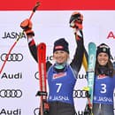 Na snímke švédska lyžiarka Sara Hectorová (uprostred) sa raduje na pódiu po výhre obrovského slalomu žien v rámci Svetového pohára v alpskom lyžovaní v Jasnej, vľavo druhá Američanka Mikaela Shiffrinová a vpravo tretia Alice Robinsonová z Nového Zélandu.