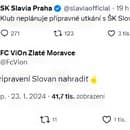 Na sociálnej sieti X sa zrodil prípravný zápas Slavie so Zlatými Moravcami