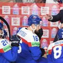 Na snímke slovenská striedačka zľava Alex Tamáši, Róbert Lantoši, Pavol Regenda, kapitán Marek Hrivík a uprostred v pozadí tréner slovenskej hokejovej reprezentácie Craig Ramsay.