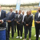 Na snímke sprava prvý rad predseda predstavenstva Košickej futbalovej arény (KFA) Marcel Gibóda, prezident FC Košice Dušan Trnka, generálny riaditeľ KFA Peter Schmiedl a primátor Košíc Jaroslav Polaček počas tlačovej konferencie o plánovanom slávnostnom otvorení Košickej futbalovej arény a priateľskom futbalovom zápase FC Košice proti trojnásobnému majstrovi talianskej ligy AS Rím, ktorý je na programe v pondelok 22. júla. V Košiciach 12. júna 2024. 
