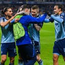 Na snímke sprava Dávid Strelec (Slovan) a Juraj Kucka (Slovan) sa tešia z gólu. 