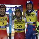 Bulharský lyžiar  Albert Popov (v strede) triumfoval v stredajšom nočnom slalome v talianskom stredisku Madonna di Campiglio.