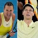 Na snímke sú zľava Aryna Sabalenková, Jannik Sinner a Novak Djokovič. 