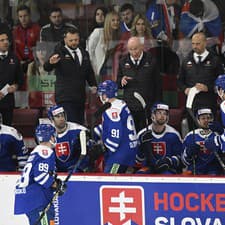 V pozadí tréner slovenskej hokejovej reprezentácie Craig Ramsay na striedačke v prípravnom hokejovom zápase pred MS.