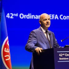 Prezident Medzinárodnej futbalovej federácie Gianni Infantino počas príhovoru na riadnom Kongrese UEFA v priestoroch Incheba Expo Aréna v Bratislave v roku 2018.