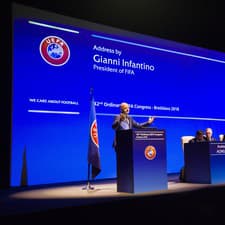 Prezident Medzinárodnej futbalovej federácie Gianni Infantino počas príhovoru na riadnom Kongrese UEFA v priestoroch Incheba Expo Aréna v Bratislave v roku 2018.