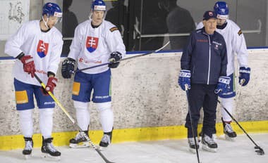 Na snímke zľava Martin Gernát, Michal Ivan, tréner   Craig Ramsay a Michal Beňo počas tréningu slovenskej hokejovej reprezentácie v Bratislave.