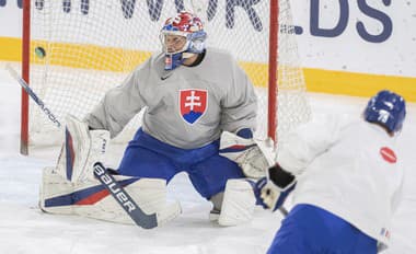 Na snímke slovenskí hokejoví reprezentanti vľavo brankár Samuel Hlavaj a vpravo Libor Hudáček počas tréningu.