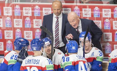 Na snímke tréner slovenskej hokejovej reprezentácie Craig Ramsay (hore vpravo), jeho asistent Ján Pardavý (hore vľavo).