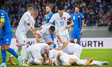 Slovenskí futbalisti sa tešia z gólu.