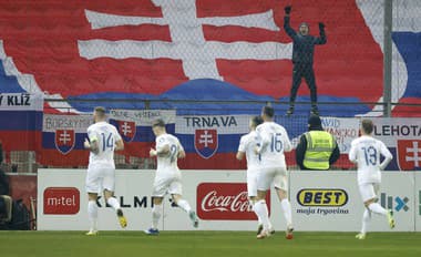 Slovenská futbalisti oslavujú gól do siete Bosny. 