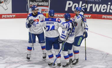 Slovenskí hokejisti sa tešia z gólu počas prípravného hokejového zápasu Nemecko - Slovensko.