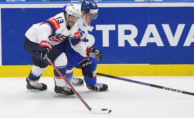 Johnny Gaudreau (USA) a Martin Pospíšil (SR) v súboji počas MS 2024 v Česku.